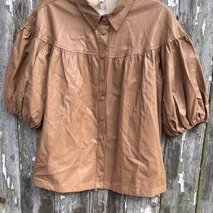 Entro Tan Puff Sleeve Button-Up Blouse